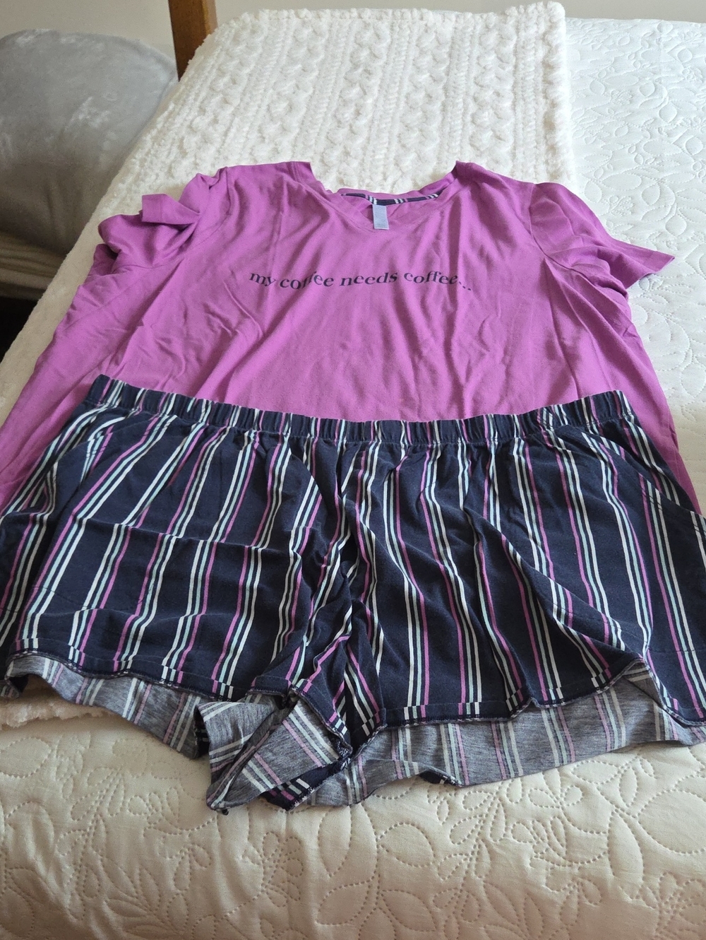 Cacique Pink Graphic Tee and Navy Stripe Pajama Shorts Set